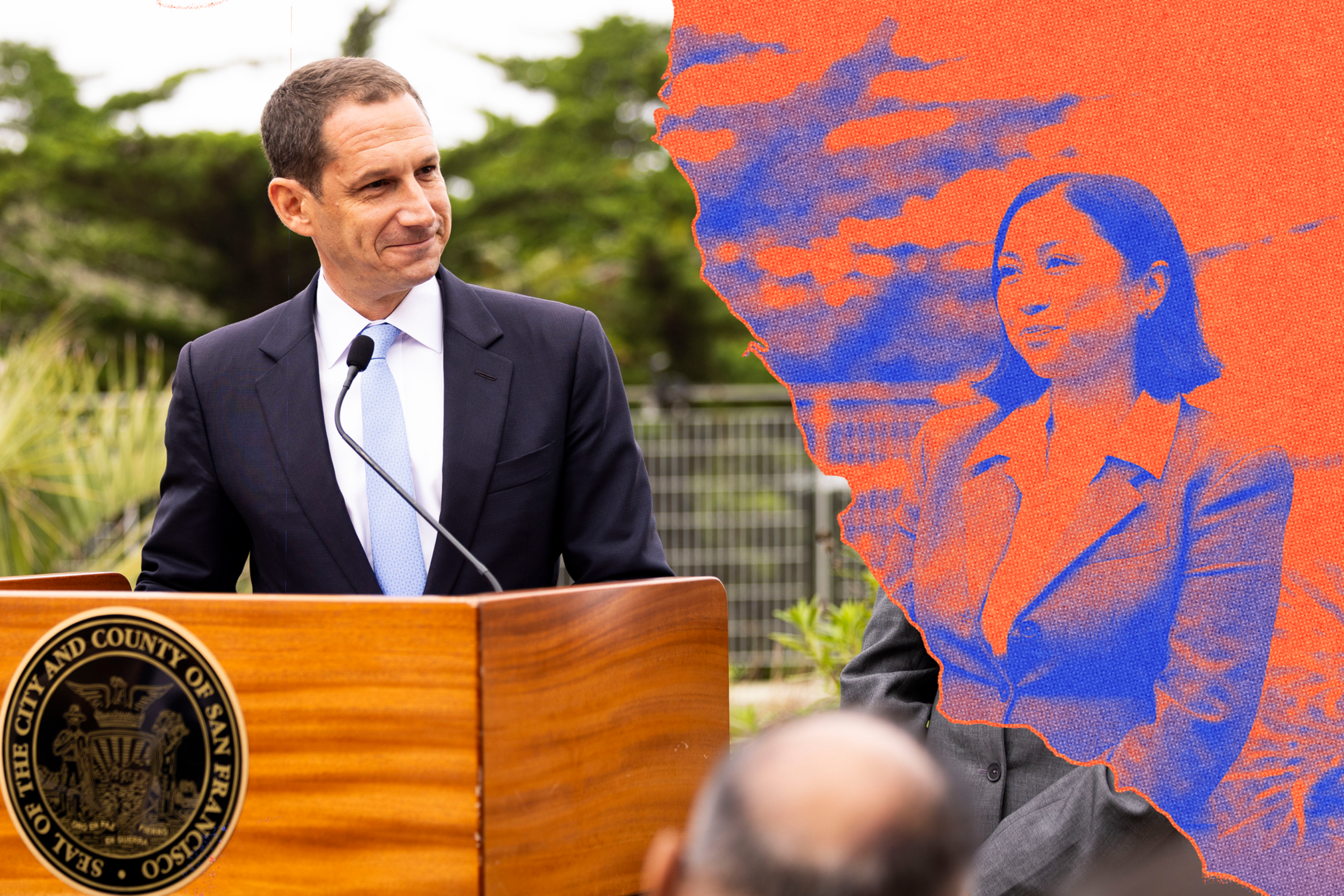 A man in a suit stands at a podium with a San Francisco seal, looking toward a digitally stylized woman in a blazer against an orange and blue backdrop.