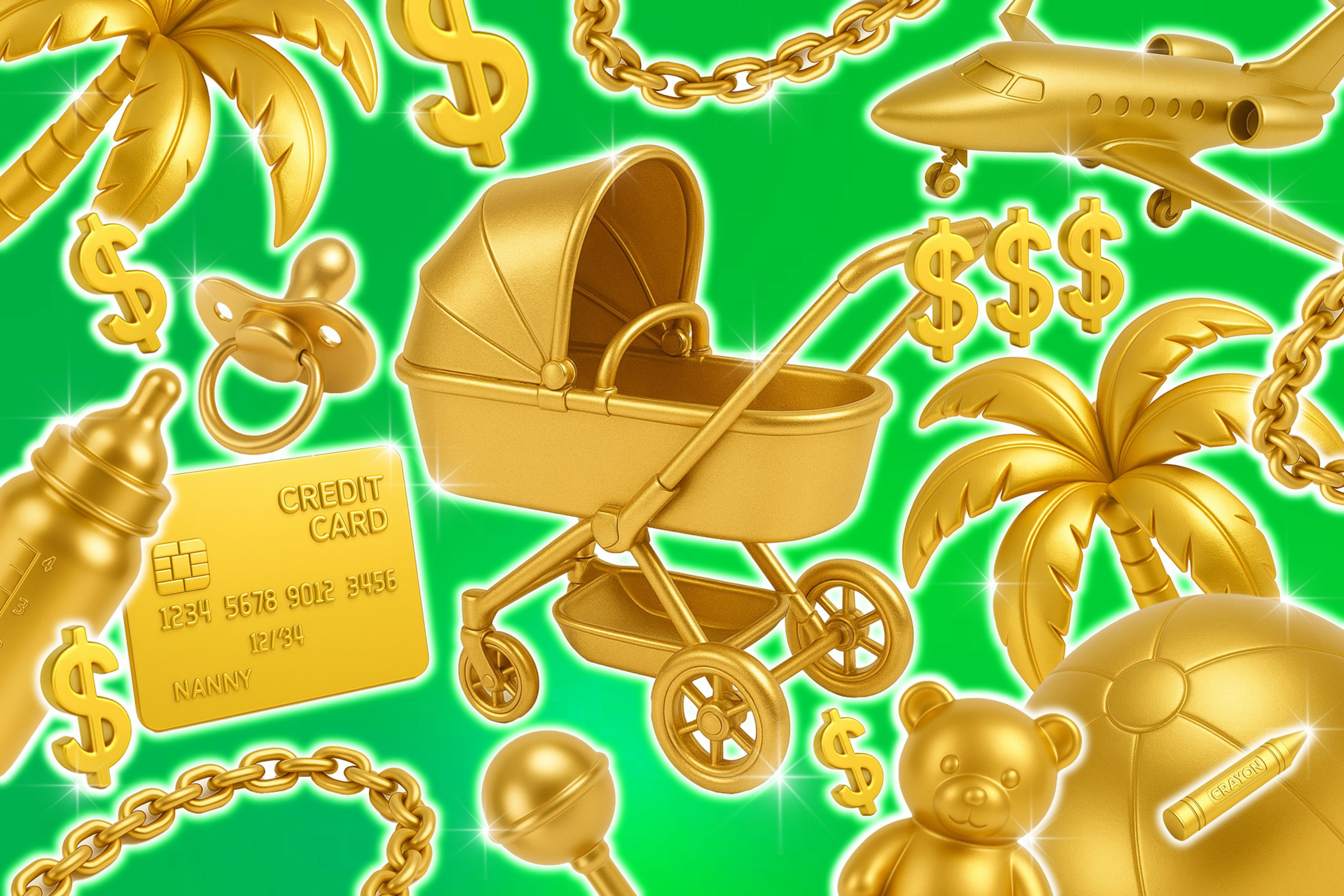 A golden baby stroller, teddy bear, pacifier, baby bottle, credit card, palm trees, chains, dollar signs, toy ball, rattle, and airplane float on a green background.
