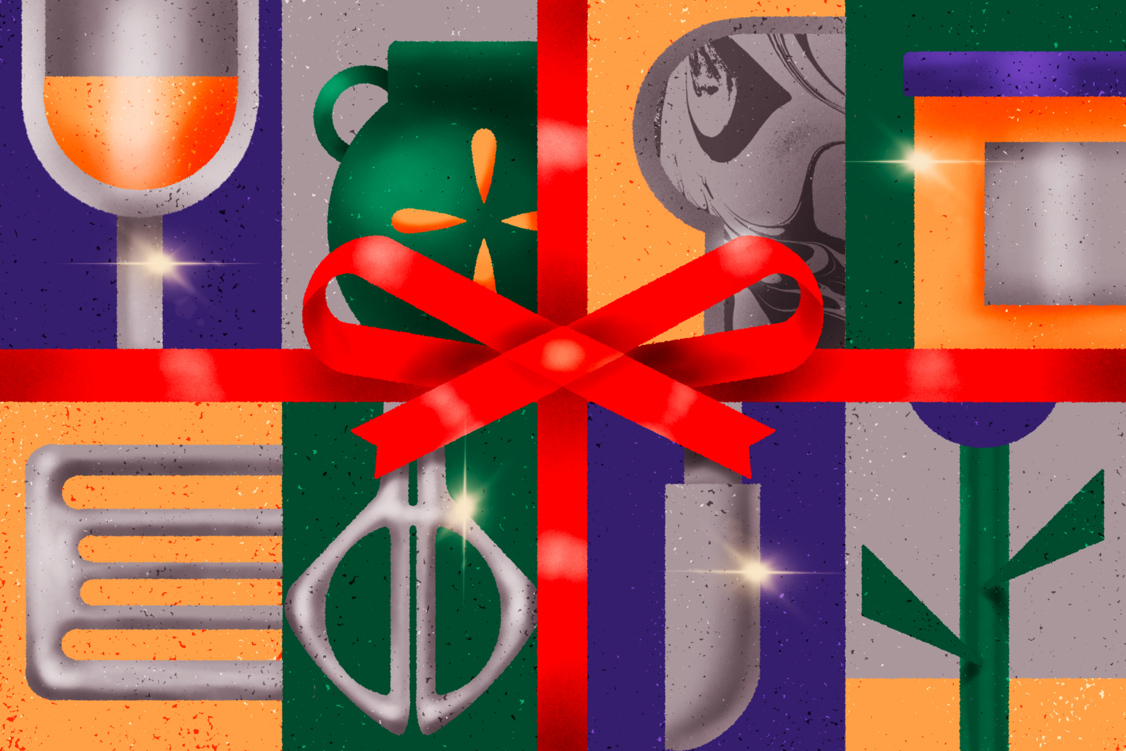 A red ribbon tied in a bow wraps around various kitchen items including a wine glass, pitcher, spatula, lemon slicer, knife, jar, and plant stem.