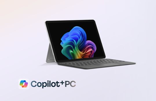 A Surface Pro for Business Copilot Plus PC, 12-inch on kickstand with Flex Keyboard facing right.