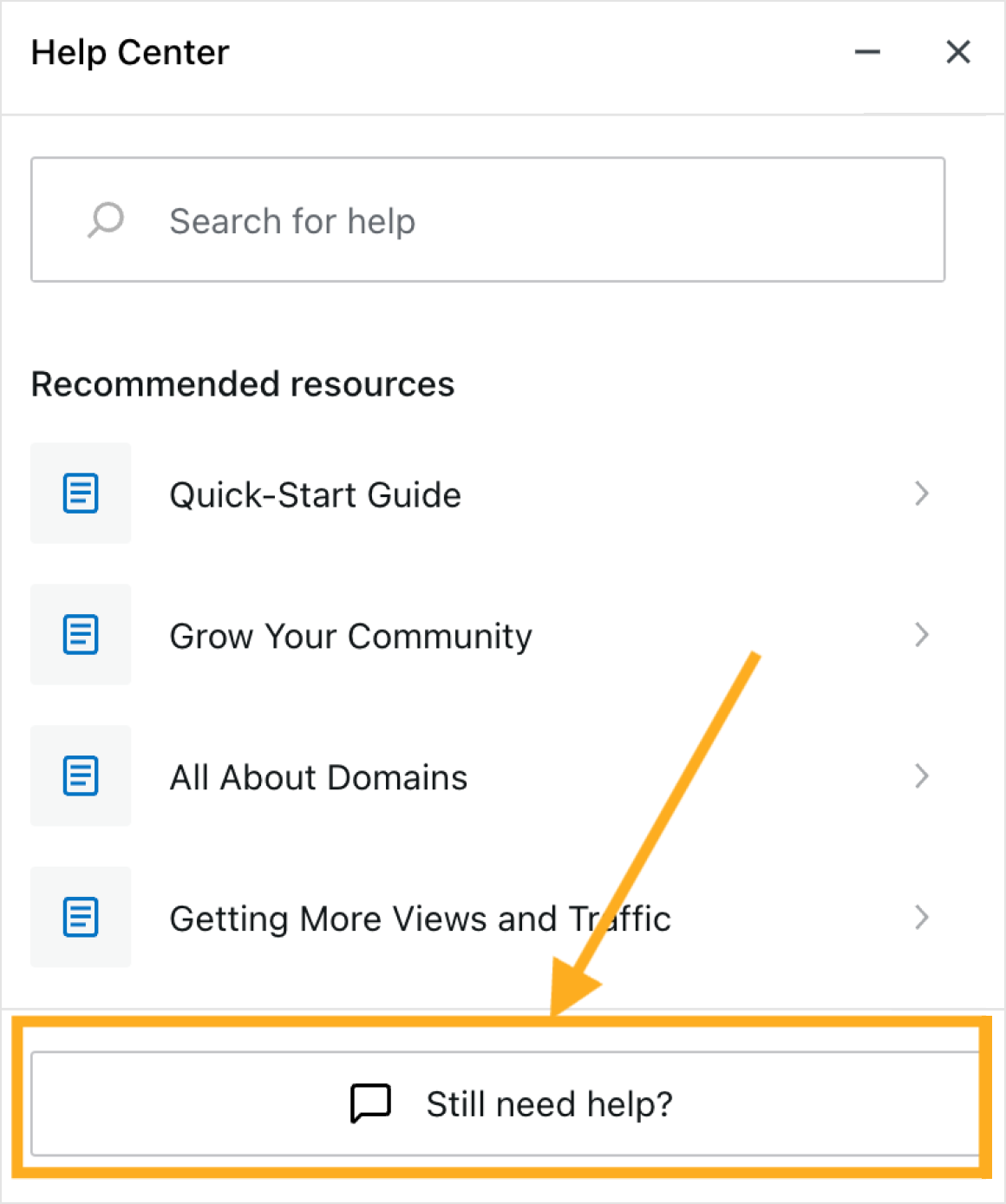 An arrow pointing to the 'Still need help' button in the WordPress.com Help Center.