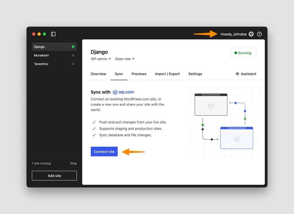 A screenshot depicting the Studio app and how to connect a site from WordPress.com.
