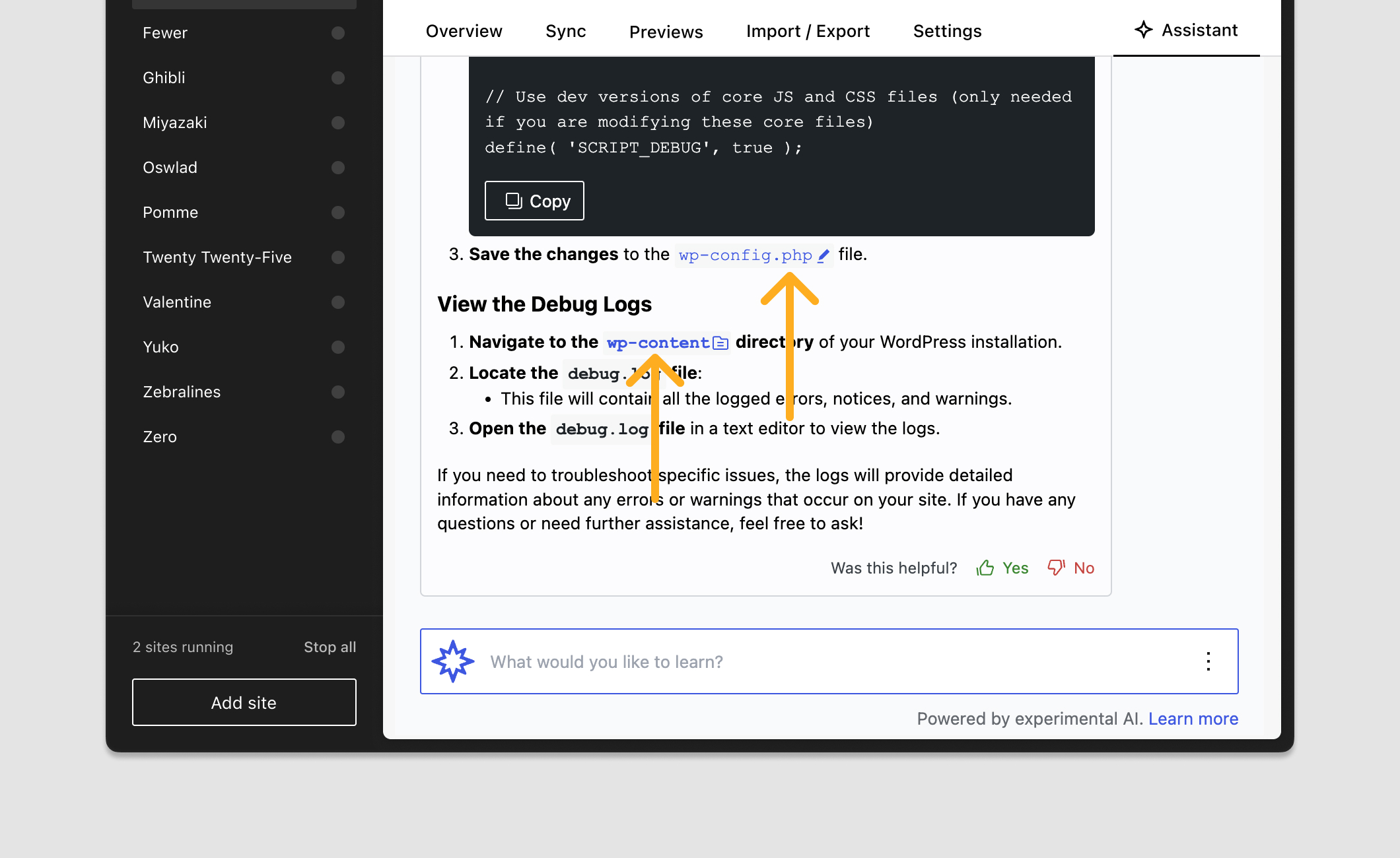 A screenshot of the Studio Assistant with orange arrows pointing to the links that open files.