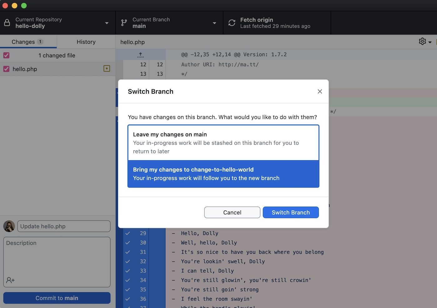 A screenshot depicting the switch branch modal in GitHub Desktop.
