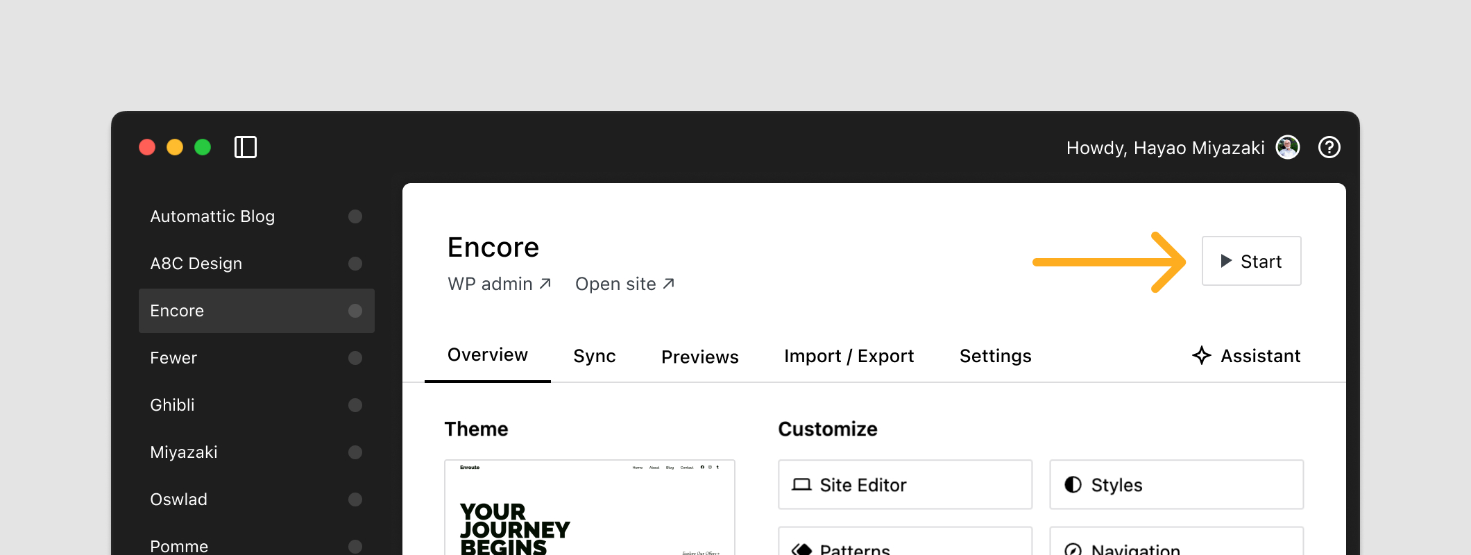 A screenshot depicting the Studio app and button to start a local site.