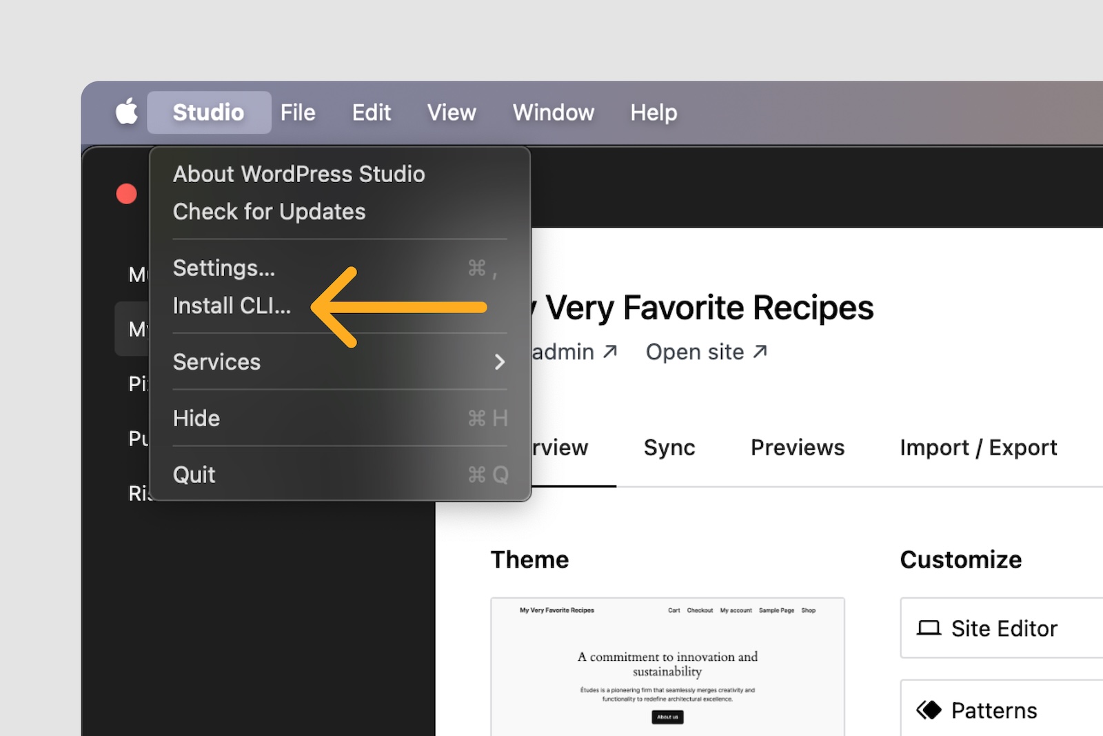 An orange arrow pointing to the Install CLI menu item in WordPress Studio