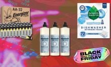 batteries, dish soap, and laundry soap on a pink black friday background