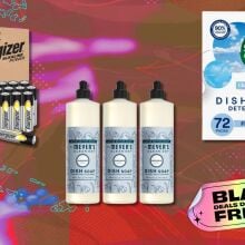 batteries, dish soap, and laundry soap on a pink black friday background