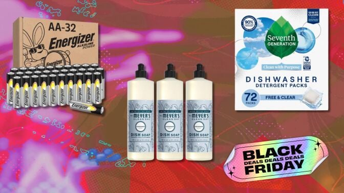 batteries, dish soap, and laundry soap on a pink black friday background