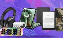 bose headphones, airtags, motorola razr, kindle, and jbl speaker with sticker that reads 'still remaining'