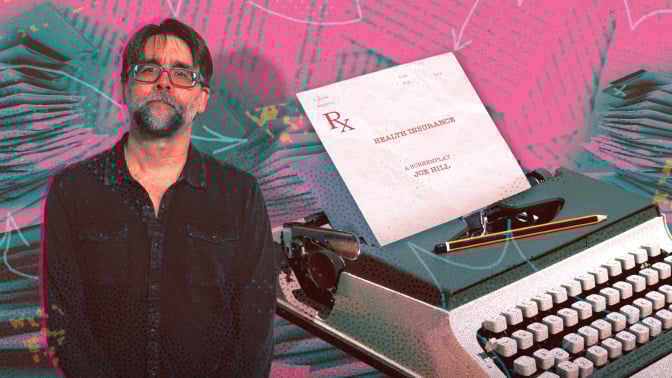 A man stands next to a typewriter with a piece of paper in the top indicating a screenplay.