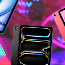 Apple iPads with pink and purple background and black friday tag in corner