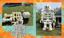 collage showing pictures of oversized lego halloween skeleton on orange background