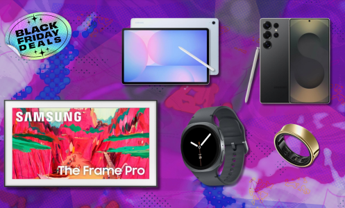 Samsung The Frame Pro, Galaxy Tab S10 FE+, Galaxy Ring, Galaxy Watch 8, and Galaxy S25 Ultra with purple background