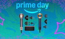 Dyson Supersonic Nural and Supersonic with three attachments on blue and pink prime day background