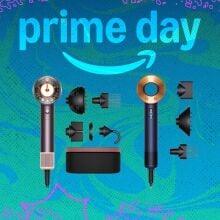 Dyson Supersonic Nural and Supersonic with three attachments on blue and pink prime day background