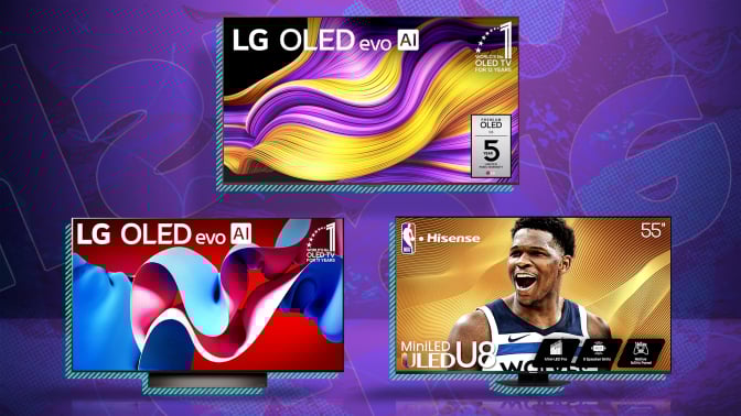 3 hisense and LG Tvs against purple background