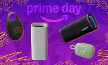 Sony ULT Field 3 and 5, JBL Clip 5, and Anker Soundcore Select Go speakers with purple prime day composite background