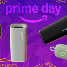 Sony ULT Field 3 and 5, JBL Clip 5, and Anker Soundcore Select Go speakers with purple prime day composite background