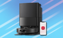 Roborock Qrevo S5V robot vacuum and mop on light blue abstract background