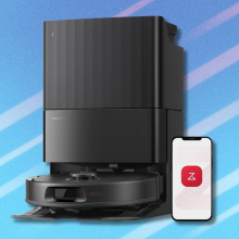 Roborock Qrevo S5V robot vacuum and mop on light blue abstract background