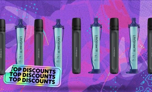 life straw water filters on purple background with sticker that reads top discounts
