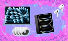 Apple iPad Pro, MacBook Air, AirTags, and AirPods Pro with purple and pink background