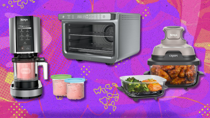 The Ninja CREAMi, Ninja air fryer, and Ninja Crispi against a pink and purple background.