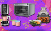 The Ninja CREAMi, Ninja air fryer, and Ninja Crispi against a pink and purple background.