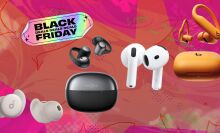 four pairs of earbuds on pink and orange background