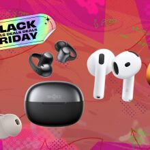 four pairs of earbuds on pink and orange background