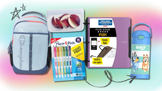 Backpack, bag of sliced apples, pack of mechanical pencils, binder, and Bluey insulated bottle arranged on colorful backdrop