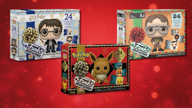 Funko pop asvent calendar collage against a red background 