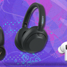 Headphones on purple and pink abstract background