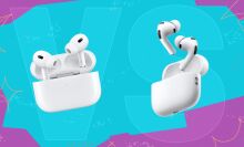 vs graphic background with apple airpods pro 2 and airpods pro 3 side by side