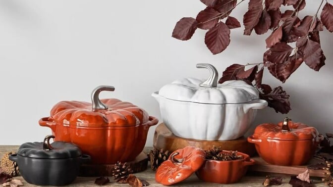 staub ceramic pumpkins with fall decor