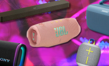 Amazon Fire TV Soundbar Plus, Bose SoundLink Max, JBL Charge 6, Sony ULT FIeld 5, and Ultimate Ears Wonderboom speakers with colorful background