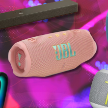 Amazon Fire TV Soundbar Plus, Bose SoundLink Max, JBL Charge 6, Sony ULT FIeld 5, and Ultimate Ears Wonderboom speakers with colorful background