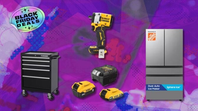 Home Depot Black Friday deal items on pink and purple abstract background