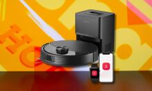 roborock q10 s5+ robot vacuum and mop against a yellow patterned background