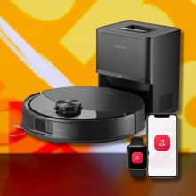 roborock q10 s5+ robot vacuum and mop against a yellow patterned background