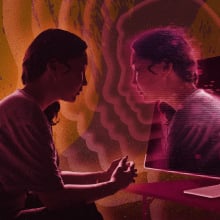 An illustrated young woman looks into a computer to see herself reflected and emerging back toward her. 