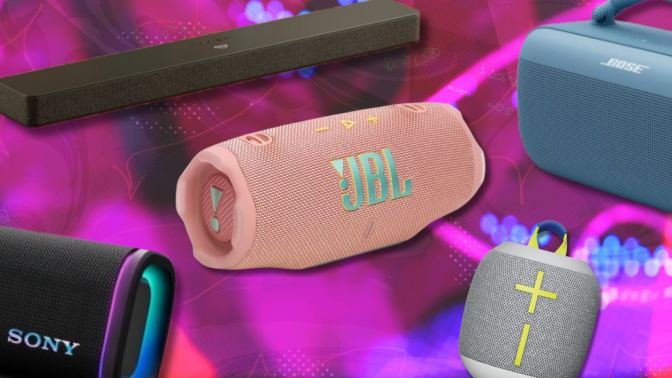Amazon Fire TV Soundbar Plus, Bose SoundLink Max, JBL Charge 6, Sony ULT FIeld 5, and Ultimate Ears Wonderboom speakers with colorful background