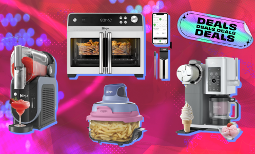 Ninja Slushi, Ninja French Door toaster oven and smart thermometer, Ninja Crispi air fryer, and Ninja Creami Scoop and Swirl ice cream maker arranged on pink backdrop with "Deals" tag in corner