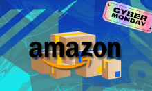 Amazon logo overlaying stack of packages with cyber monday tag in corner on blue background