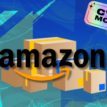 Amazon logo overlaying stack of packages with cyber monday tag in corner on blue background