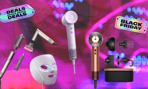 shark flexfusion, cryoglow mask, laifen swift se, and dyson airwrap i.d. on pink black friday background