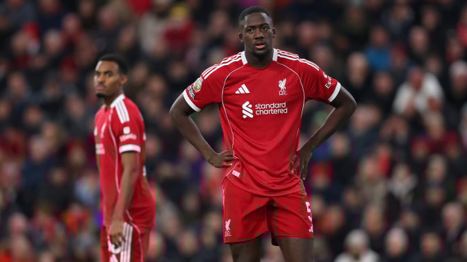 Ibrahima Konate of Liverpool looks dejected