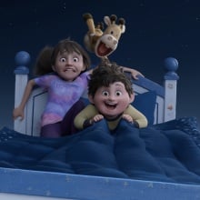 Two kids and a stuffed giraffe fly on a bed through the night sky.