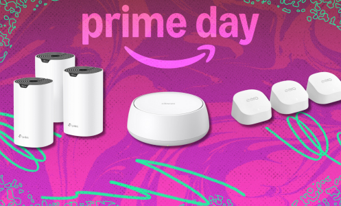 A collage of different mesh WiFi systems, including TP-Link Deco and Eero models, on a vibrant pink and purple background with "Prime Day" text and logos.